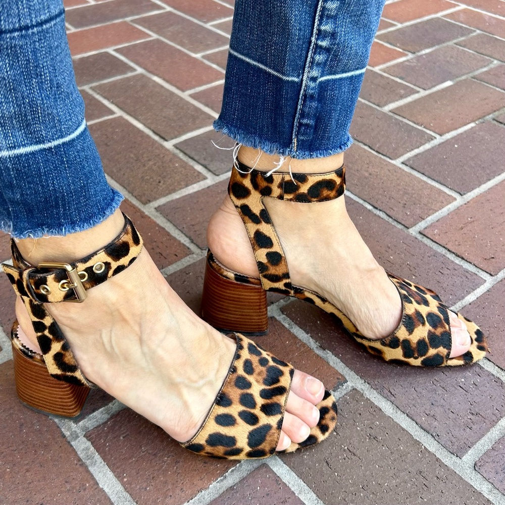 J. Crew Penny Ankle-Strap Sandals in Leopard Calf Hair Block Heel Size 8.5
